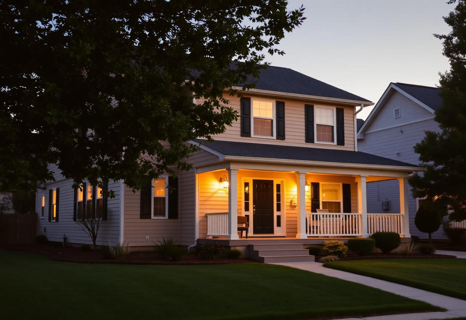 Front porch of an Enkindled Commons home at golden hour